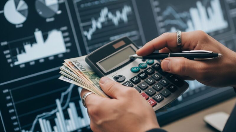 Hands holding money with a calculator and financial graphs in the background, representing personal budgeting.