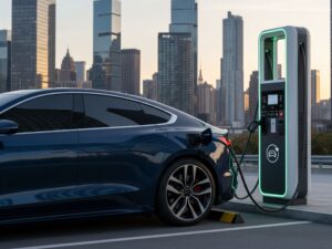 A sleek electric car being charged at a public charging station with a city skyline in the background.